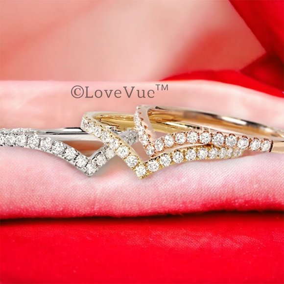 1mm Diamond Brilliant Cut Dainty Chevron Wedding Engagement Gold Band Ring - Picture 4 of 17